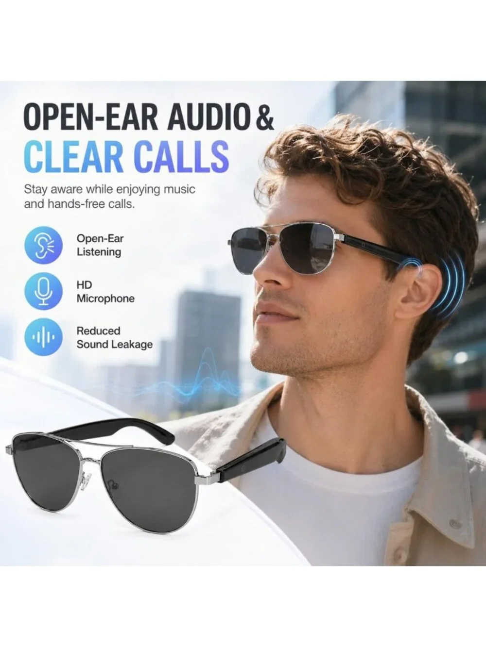 Stylish Bluetooth Audio Sunglasses with UV Protection, Anti-Blue Light Lenses